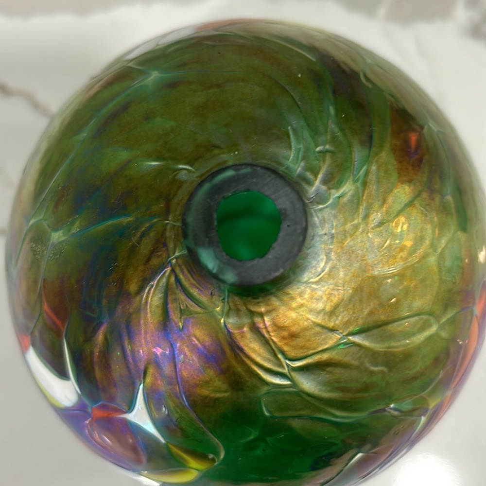 Handblown Iridescent Mosaic Art Glass Oil Lamp With Brass Top - Picture 12 of 14